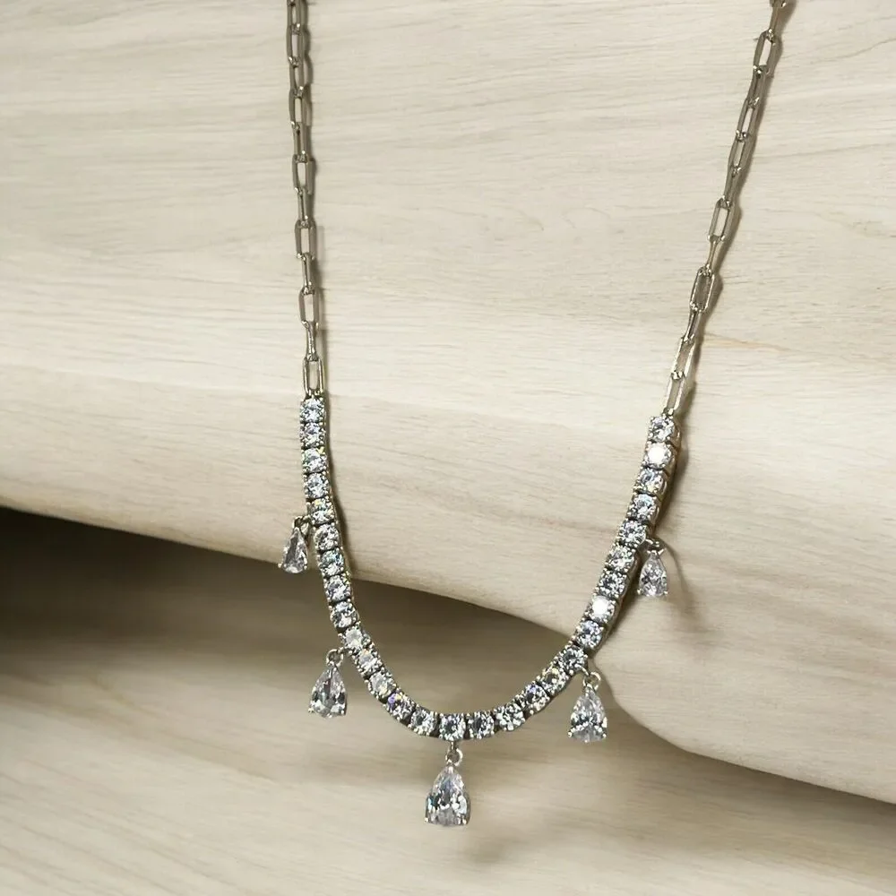 Sterling Silver Stunning CZ Drop Necklace Elegant Stylish Fashion Chic Glam NEW